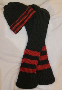 Hand-knit hat and scarf set representing dance steps